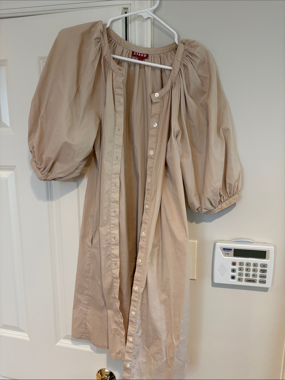 STAUD Beige Puff-Sleeve Button-Front Midi Dress